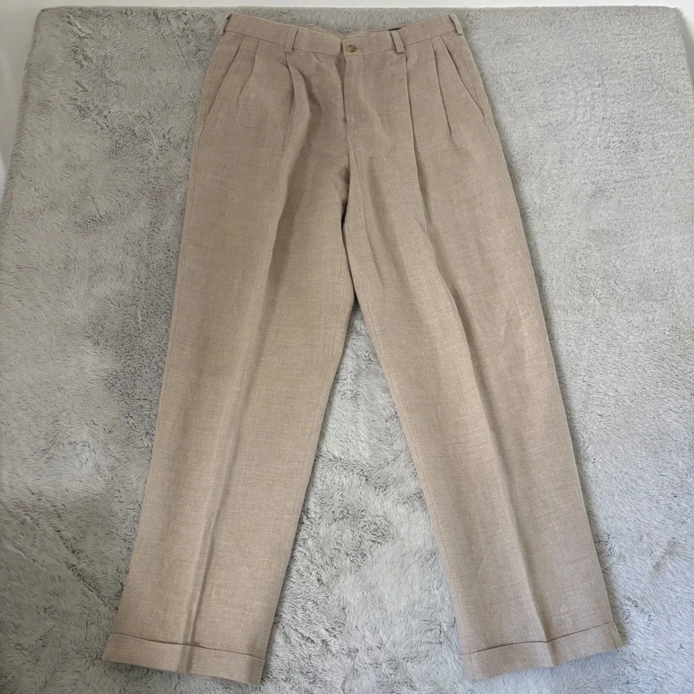 Eddie Bauer Men 100% Belgian Linen Pleated Cuffed Dress Pants 35X32 Tan Beige